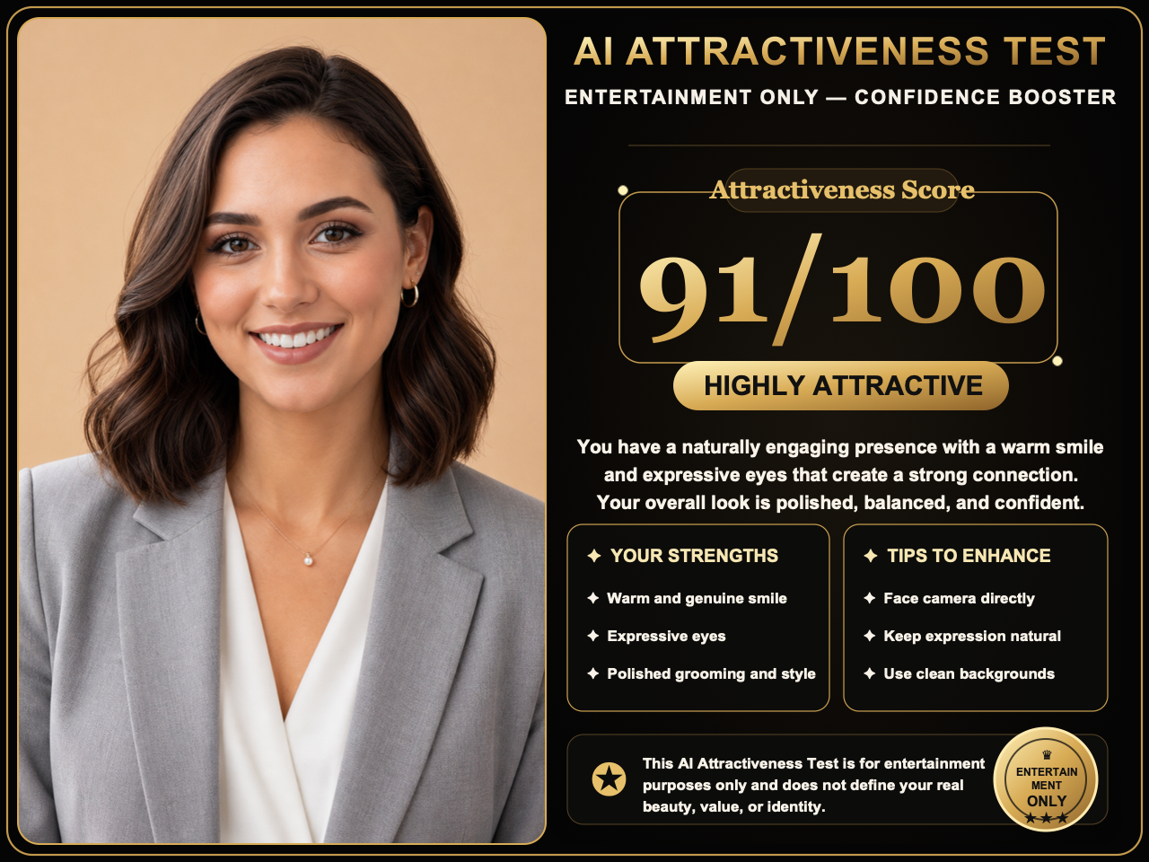 AI attractiveness test preview for profile photo scoring and portrait feedback