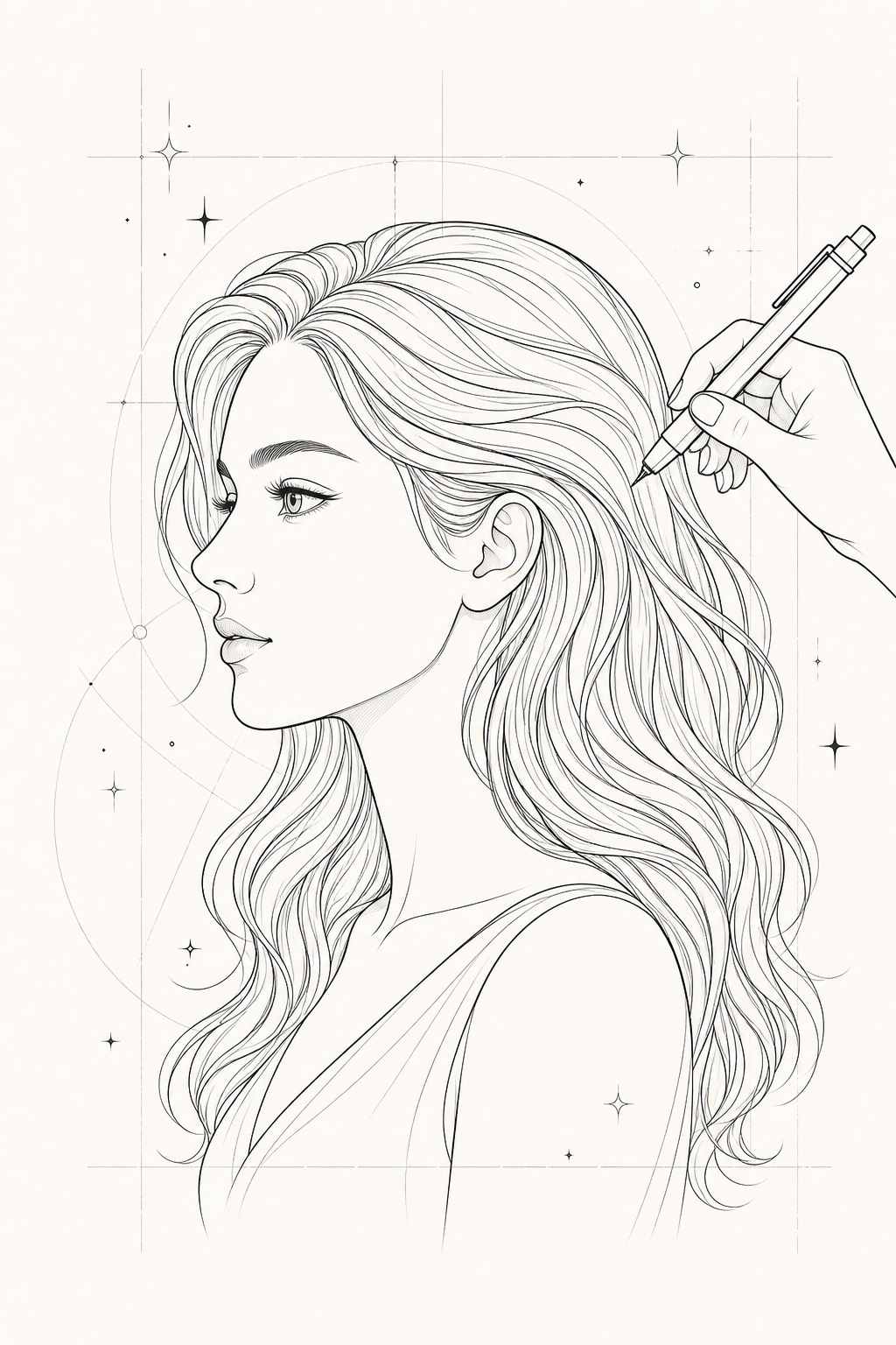 Retrato convertido em arte linear com contornos pretos, poucos detalhes e fundo branco